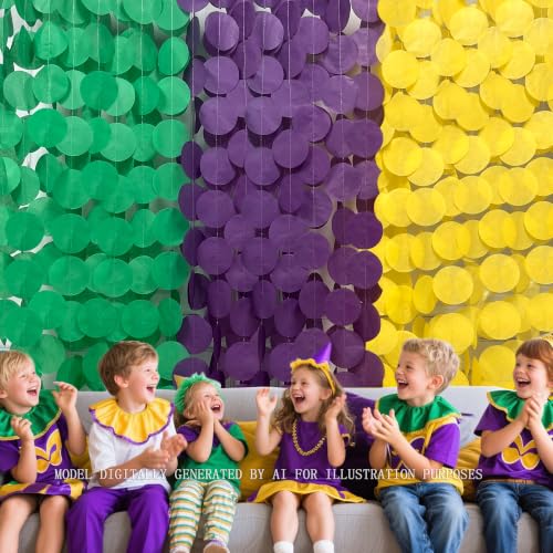 Image of 205 Ft Mardi Gras Party Decorations Purple Green Yellow Circle Dot Backdrop Garland Tissue Paper Polka Dots Hanging Streamer for Mardi Gras Birthday Wedding Baby Shower Masquerade Party Supplies