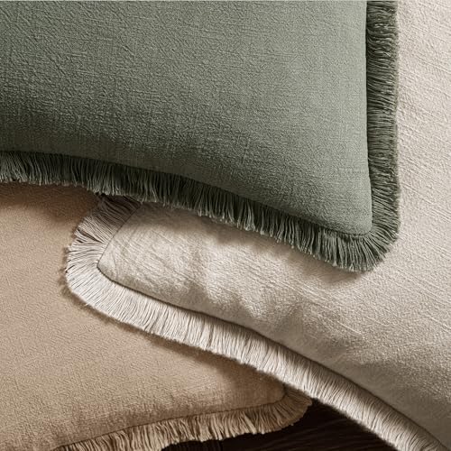 Image of MIULEE Decorative Throw Pillow Covers Neutral Linen Fringe Throw Pillows Euro Shams Set of 2 Camel Boho Farmhouse Cushion Covers for Couch Sofa Bed Living Room Spring Home Decor 26x26 Inch