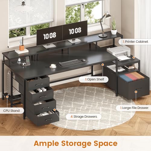 Image of SEDETA 75'' Computer Desk with 5 Drawer, Power Outlet & Led Lights, Home Office Desk with File Drawer, Storage Shelves, Printer Cabinet and Monitor Shelf, 23.6 inch W Large Desktop Gaming Desk, Black