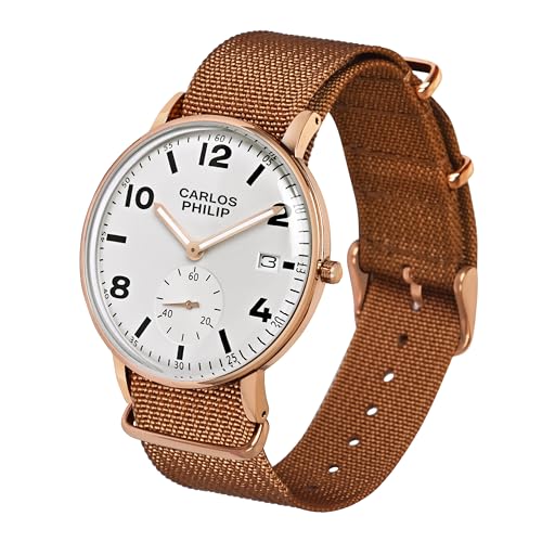 Image of Carlos Philip Men's Minimalist Analog Watch - Classic Dial with Date Display, Nylon Strap, Quartz Movement, Casual Everyday Style Watch for Men