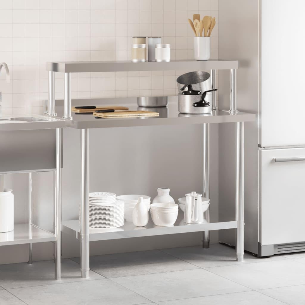 Mesa de trabajo de acero inoxidable con placa superior, 110 x 55 x 120 cm, mesa de preparación para gastronomía y cocina