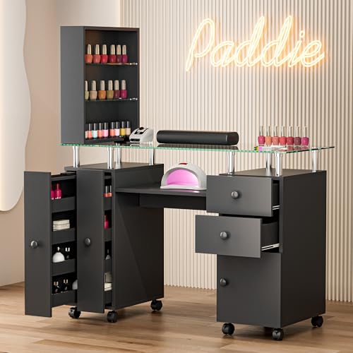 Paddie Manicure Table Nail Tech Table, Glass Top Nail Desk Station for Nail Tech w/Shelves & Wrist...
