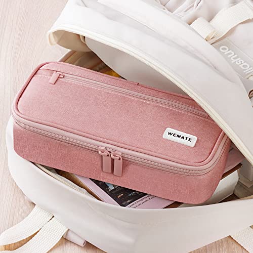 Wemate Large Pencil Case Aesthetic,Big Capacity Canvas Pencil Pouch With Zipper, Pencil Case For Women & Men, Marker Pen Case,Portable Stationery Pencil Bag For Office Pink #TOP6