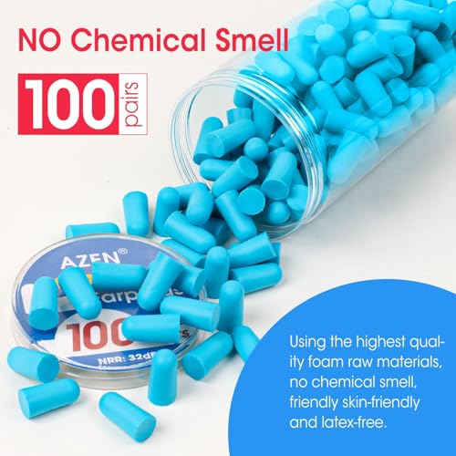 Image of AZEN 100 Pairs Ear Plugs Bulk, NRR 32dB Soft Foam Ear Plugs for Sleeping Noise Cancelling, Earplugs for Concerts Shooting Swimming Noise Reduction (Lake Blue) (Pack of 2)