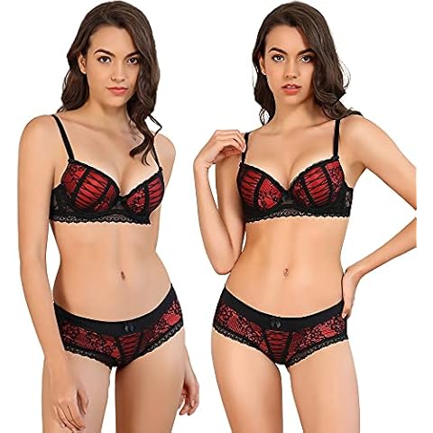 YaoKing Women's Lace Bra Set Sexy Lingerie Bra and Panty Set Push Up Bra Underwire Bra - 2 Sets (B, Red 2 Set-1610, 36) Cover