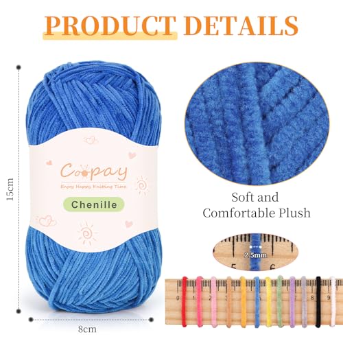 Image of Coopay Skinny Chenille Yarn for Crocheting and Knitting, 12 Pack of 50g /1.76oz - 1764yd Total, Crochet Yarn of Light Weights - Suitable for Baby Blankets, Plush Toys, Garments - Super Soft (Blue)