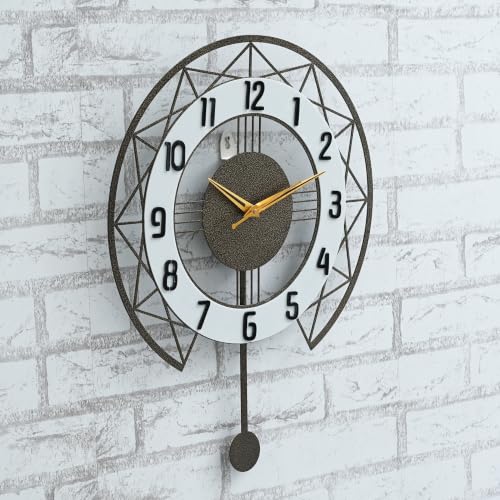 Image of Decorative Metal Wall Clock with Pendulum for Living Room | Modern Stylish Wall Clock for Bedroom, Hall, Office & Home Decor | Luxury Analog Wall Clock (Antique Gold 40 cm)