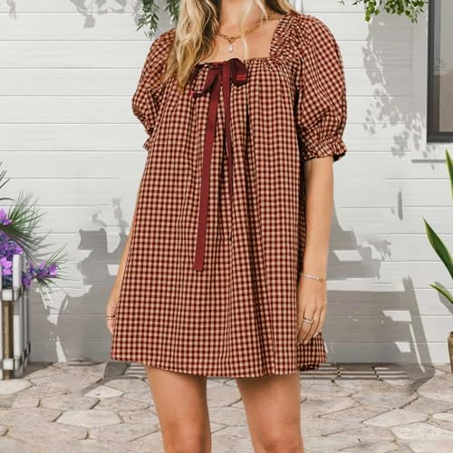 Image of Women Y2k Puff Sleeve Babydoll Dresses Square Neck Tie Back Mini Dress Summer Solid Off Shoulder Flowy Sundress
