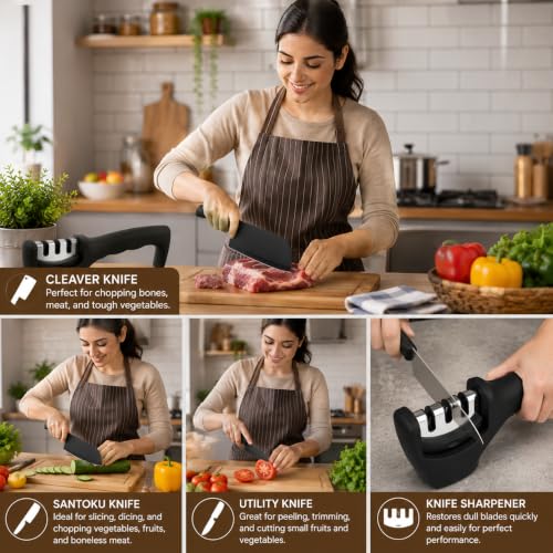 Image of SNMMIFER Kitchen Knife Set with Knife Sharpener, 4 Pcs Black Kitchen Knives Set for Cutting, Chopping, Slicing & Dicing,Knife with 3 Stage Sharpener (Knife + Sharpner)