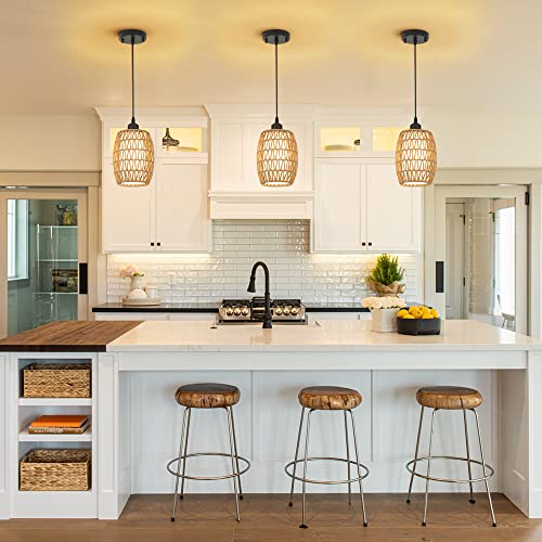 Eyassi Boho Pendant Light Fixtures,7" Hanging Lamp With Fabric Drum Shade,Rattan Chandelier Light Fixture Height Adjustable,Mini Woven Pendant Light For Kitchen Island,Living Dining Room,Bedroom #TOP7