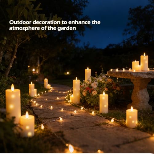 Image of kakoya Outdoor Waterproof Flickering Flameless Candles with Timer,5Pcs Battery Operated LED Pillar Candles with Embedded Star String for Outdoor Lanterns,Porch,Patio Decor(Ivory)