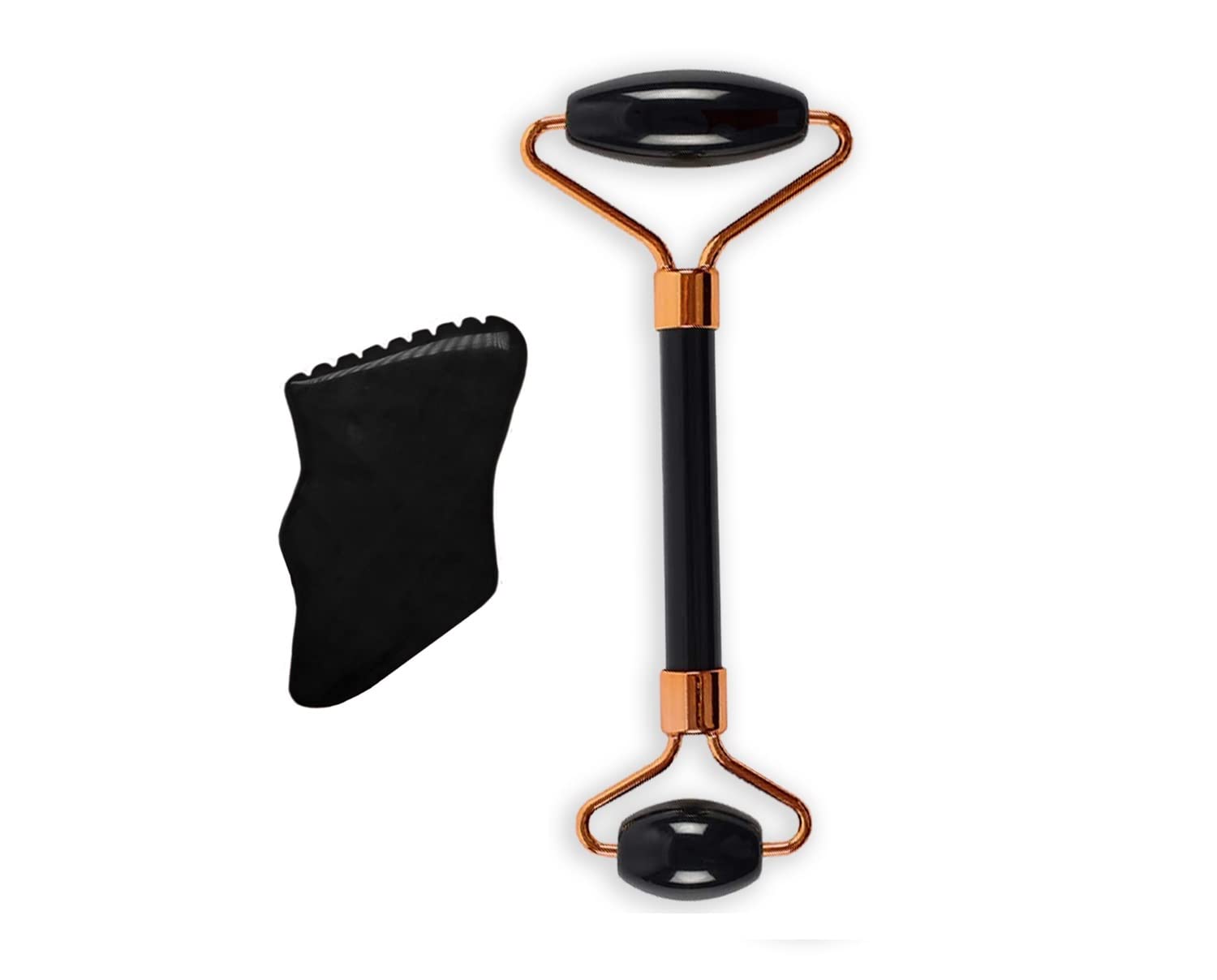 Getmecraft Black Obsidian Face Roller and Black Obsidian Gua Sha with Teeth Shape Sides and Ridges Massage Tool Set Massager For Face, Neck, Dark Circles and Under Eye Treatment