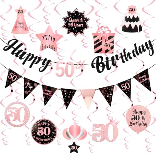Image of 50th Birthday Decorations for Women Rose Gold Pink Pre Strung Happy 50th Birthday Banner and Hanging Swirls 50 Year Old Party Decorations Supplies