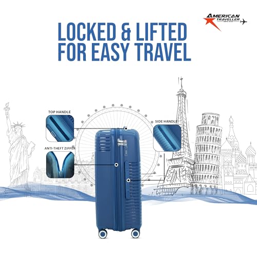 Image of AMERICAN TRAVELLER Touris Travel Trolley Bag Single Medium | Lightweight Expandable Polypropylene Hard Shell | Large Suitcase with TSA Lock | 8 Lego Wheels | Travel Luggage for Men & Women (24, Blue)