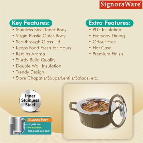 Image of SignoraWare Master Lock BPA Free Plastic Casserole with Glass Lid | Airtight & Leakproof | Microwave Safe | Perfect for Home, Kitchen & Gifting | Ideal for Storing & Serving Hot Meals (1 Ltr |Brown)