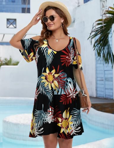 Image of JollieLovin Womens Plus Size Short Sleeve Cold Shoulder V Neck T-Shirt Dress with Pockets