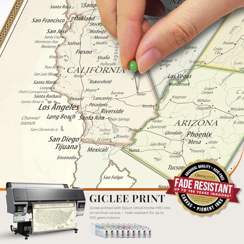 Image of DECORARTS - Personalized Push Pin Travel Map USA, Custom Name, Pin Board Canvas Wall Art, Colorful Classic United States Decor, Optional Wood Frame, Giclee Print, Handcrafted in USA, 30x24''