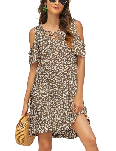 Image of Bluetime Women Cold Shoulder Summer Dress Short Sleeve Beach Casual Loose Swing Dress