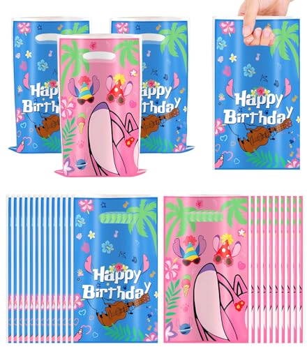 50 Pcs Cartoon Happy Birthday Party Bags Cute Alien and Angel Candy Goodie Treat Bags with Handles Blue Pink Hawaii Plastic Gift Bag Party Decorations (Blue+Pink)