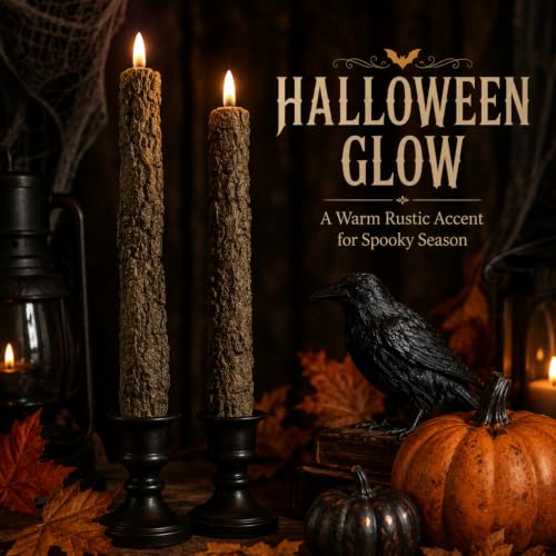 Image of Tree Bark Flameless LED Taper Candles, 10 Inch Flickering Wax Candles with Remote & Timer, Battery Operated Dripless Tapered Candle for Home Wedding Decor, 2Pack