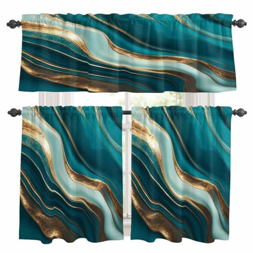Epetloutys Teal Marble Kitchen Curtains Set, Tier Curtain 24 Inches