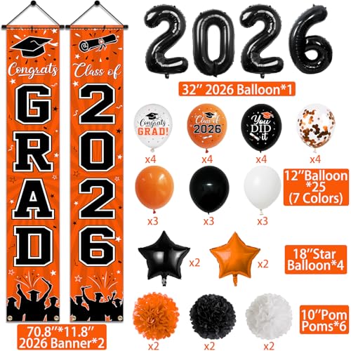 Image of 2026 Graduation Decorations, Orange Themed Class of 2026 Decorations Set, Congrats Grad Backdrop, Photo Banner, Door Banner, Balloons and Pom Poms Supplies for High School College Graduation Party