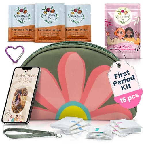 THE BLOOM First Period Kit for Girls 9-12, Cute Sanitary Napkin Storage Bag Gifts for Girls, Tween Period Starter Kit, Portable Waterproof Emergency Sanitary Pad Pouch for Active Girls - 16 PC (Green)