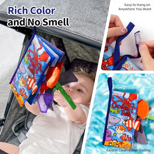 Image of Jollybaby Baby Cloth Books, Touch & Feel Crinkle Soft Books, for Infants Babies, Toddler Early Educational Interactive Stroller Toys, Baby Girl & Boy Gift(Ocean Tails)