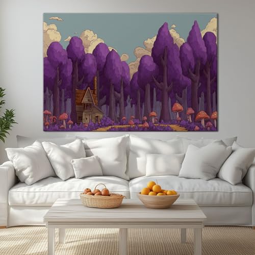 Tableau forêt violette en toile avec cadre bois 140x70 cm pour salon