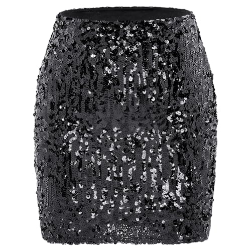 Durio Pailettenrock Für Damen Glitzer Rock Kurz Damen Sexy Midi Skirt Hüftrock mit Elastische Taille Party Rave Silvester Outfit Schwarz M