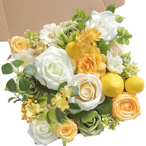 YYHUAWU Artificial Flowers Combo Fake Silk Flowers for DIY Wedding Bridal Bouquets Lemon Yellow Fake Foams Rose Flowers Set Centerpieces Arrangements Party Baby Showers Home Cake Decorations
