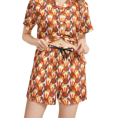 Image of Funny Pajamas for Women Set Print Satin Loungewear Pjs Short Sleeve Button Down Top and Shorts Sets Sleepwear XS-3XL