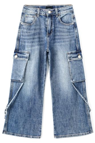 KIDSCOOL SPACE Girls Cargo Jeans, Wide Leg Baggy Stretchy Denim Pants with 6 Real Pockets