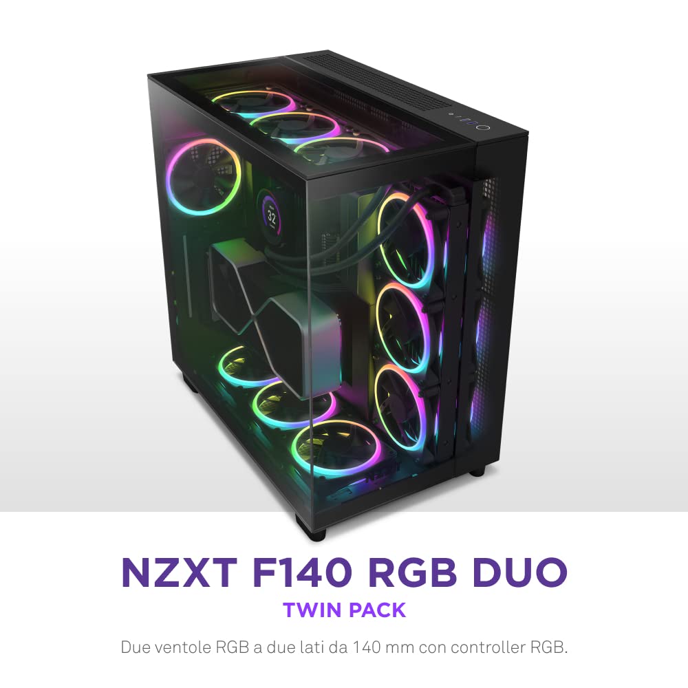 NZXT F140 RGB Duo Twin Pack - RF-D14DF-B1-2 ventole RGB a due lati da 140 mm con controller – 20 LED indirizzabili individualmente – Flusso d'aria e pressione statica bilanciati – Nero