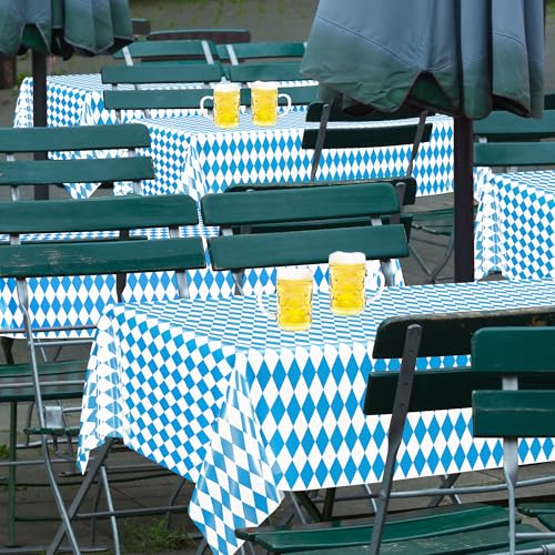 Image of 4 PCS Oktoberfest Decoration, 54 X 108 IN Blue White Checkered Plastic Oktoberfest Tablecloth, Disposable Rectangular German Theme Table Supplies, Bavarian Tablecover, Beer Tablecloth for Party Picnic