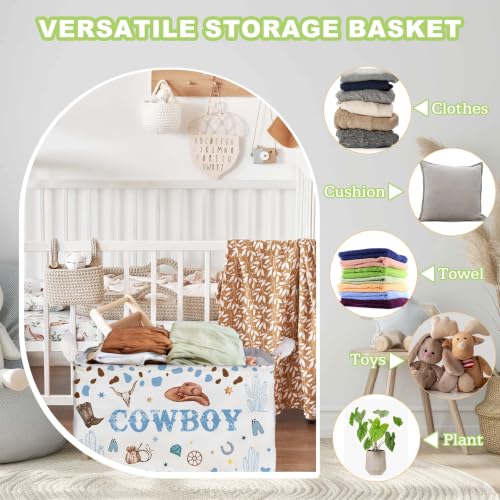 Image of Western Basket for Cowboy Nursery Decor Boy, Blue White Brown Western Toy Bin, Cowboy Baby Shower Decorations, Large Squarecanvas Laundry Hamper With A Waterproof PECoating, Foldable