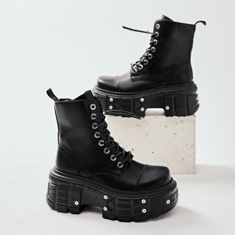 Women's Leather Rivets Punk Platform Heighten Combat Boots With Side Zipper Goth Lace Up Round Toe Block Chunky Heel Mid-Calf Booties For Motorcycle Riding4