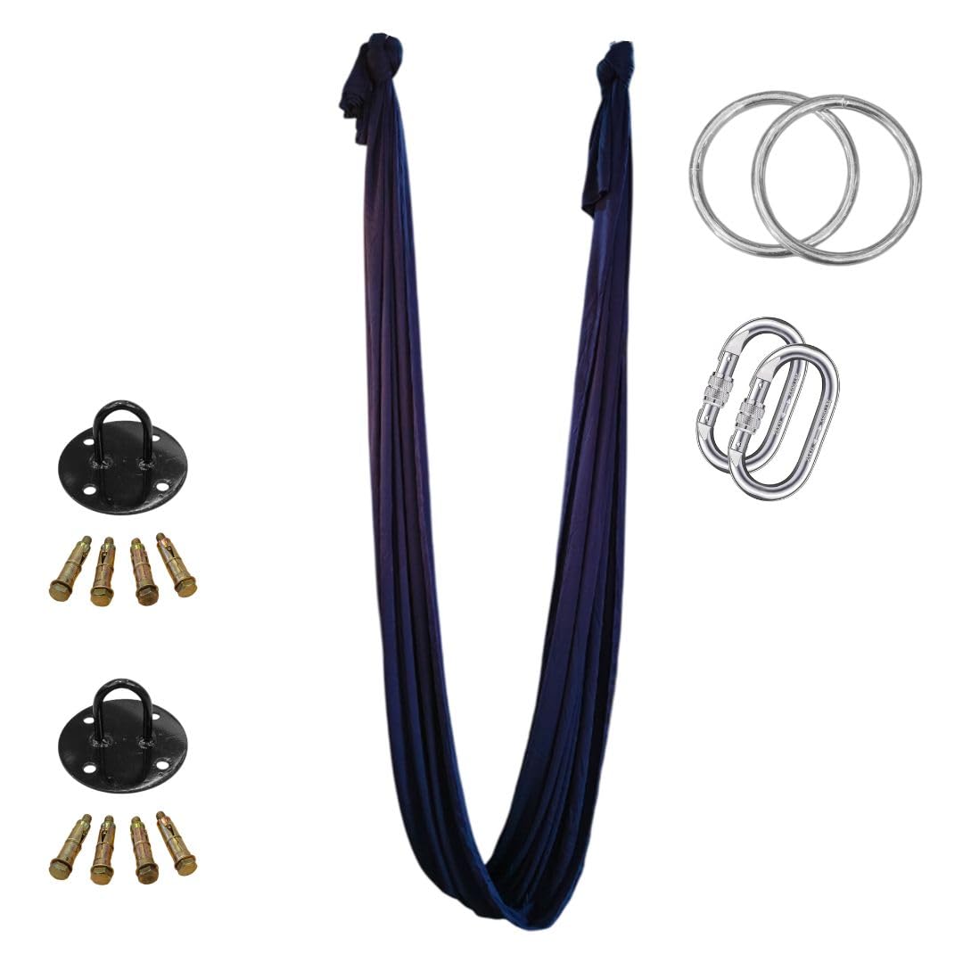 Streetup India® Lycra Fabric Aerial Swing/Yoga Hamock with 20 Feet Long Fabric with Carabiner, Ring and Mount Fastener (Neavy Blue)