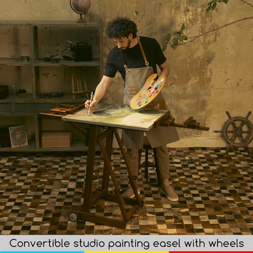 Image of MEEDEN Studio H-Frame Easel -Adjustable Beech Wood Studio Art Easel, Painting Floor Easel Stand, Movable and Tilting Flat Available, Holds Canvas Art up to 77 inch,Classic Walnut