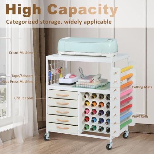 Image of LUCKUP Organization and Storage Craft Table for Cricut Machines, Rolling Cart Cabinet with 28 Vinyl Roll Holders and 5 Drawers, Heat Press Stand Crafting Storage Cart with Hooks