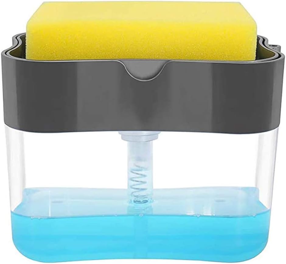Soap Pump Dispenser and Sponge Holder, Soap Dispenser and Sponge Caddy for Kitchen Sink, Dishwashing Soap Sponge Caddy, 13 Ounces (Grey)