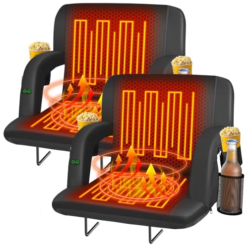 Seeutek Heated Stadium Seats for Bleachers，Heated Stadium Seats with Back Support,Usb 3 Levels Bleacher Chairs with Back And Cushion,5 Pockets Heated Stadium Seat with 6 Reclining Positions,2pc 21inch