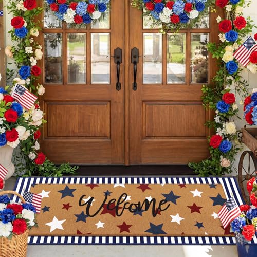Tinideya 2 Pcs Patriotic Door Mat Welcome Non Slip Coir 4th of July Blue White Striped Mats Floor Layering American Flag Doormats Seasonal for Front Porch Entryway Decor(Independence Day)