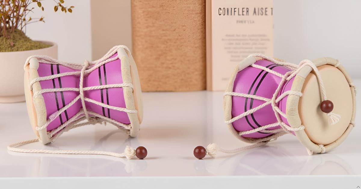 Handgemachtes Holz & Leder Klassischer indischer Volk Dumroo Damroo Damaru Handtrommel Set Percussion Dekorative Sammlungsmusik-Weltmusikinstrumente (Pink)