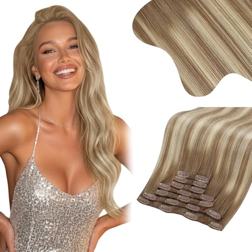 Image of Moresoo Light Brown Balayage Clip in Hair Extensions Human Hair Straight Heat-Stylable Human Hair Clip in Extensions Ombre Light Brown to Medium Blonde Thick 135g /7pcs 18 inch