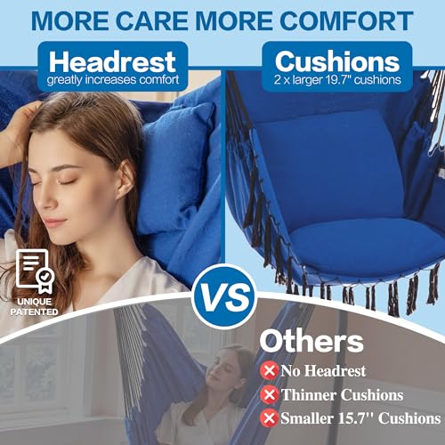 PNAEUT-Hammock-Chair-XXL-Size-Hanging-Chair-Swing-Chair-Max-550-Lbs-Patented-Headrest-2-Cushions-Large-Macrame-with-Pocket-Steel-Spreader-Hardware-Kits-and-Bag-for-Indoor-Outdoor-Navy