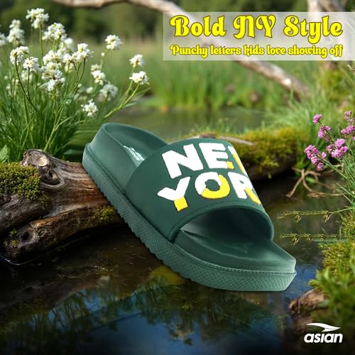 Image of ASIAN Slider-75 Kids Slippers | Lightweight, Soft Cushioning, Anti-Slip Grip for Daily & Travel Wear | Ideal for Boys & Girls Olive