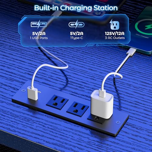 Image of DurayLoly 63 inch Reversible L Shaped Desk with Power Outlets &Led,Bedroom | Large Computer Desk with Monitor Stand,2 Fabric Drawer and Storage Shelves,Corner Desk,Gaming, Work, Home Office