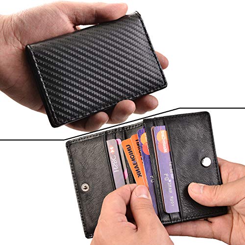 RFID Genuine Leather Bifold ID/Business Credit Card Case Holder for Men Slim Front Pocket Wallet Button(Carbon Fiber Leather Black)
