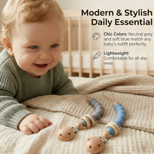 Image of 2Pcs Silicone Pacifier Clip with Natural Wooden Rings, Grey and Blue Pacifier Holder Binky Clips for Baby Boys (Blue)
